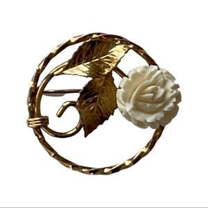 Vintage Ivory and Gold Filled Carved Resin Rose Brooch